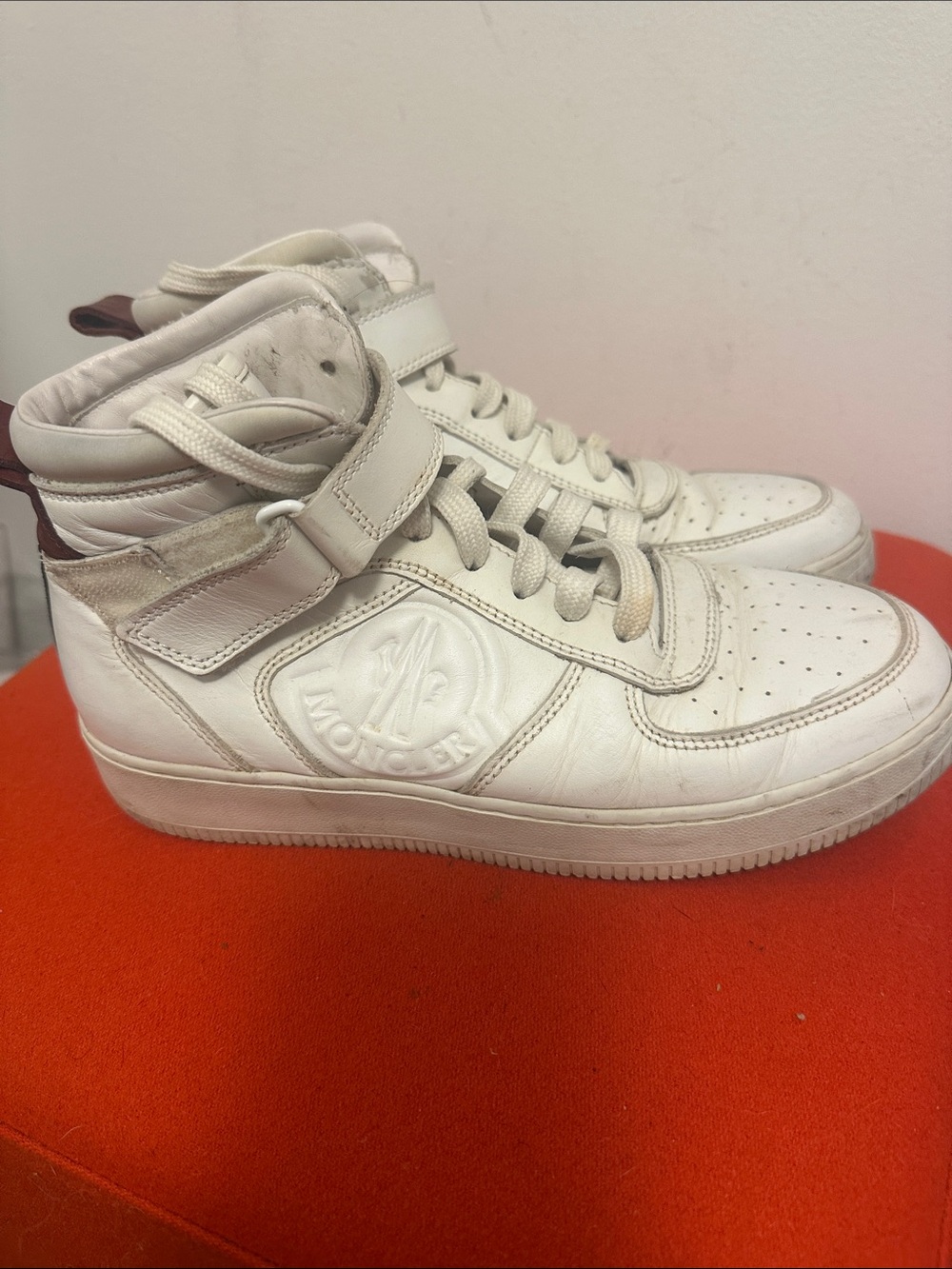 Men’s Moncler mens White High-Top Leather Sneakers with Ankle Strap 40